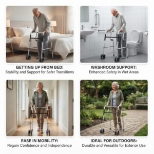 Four-panel collage demonstrating a senior adult using a folding walker for bed transfers, washroom support, indoor mobility, and outdoor walking.