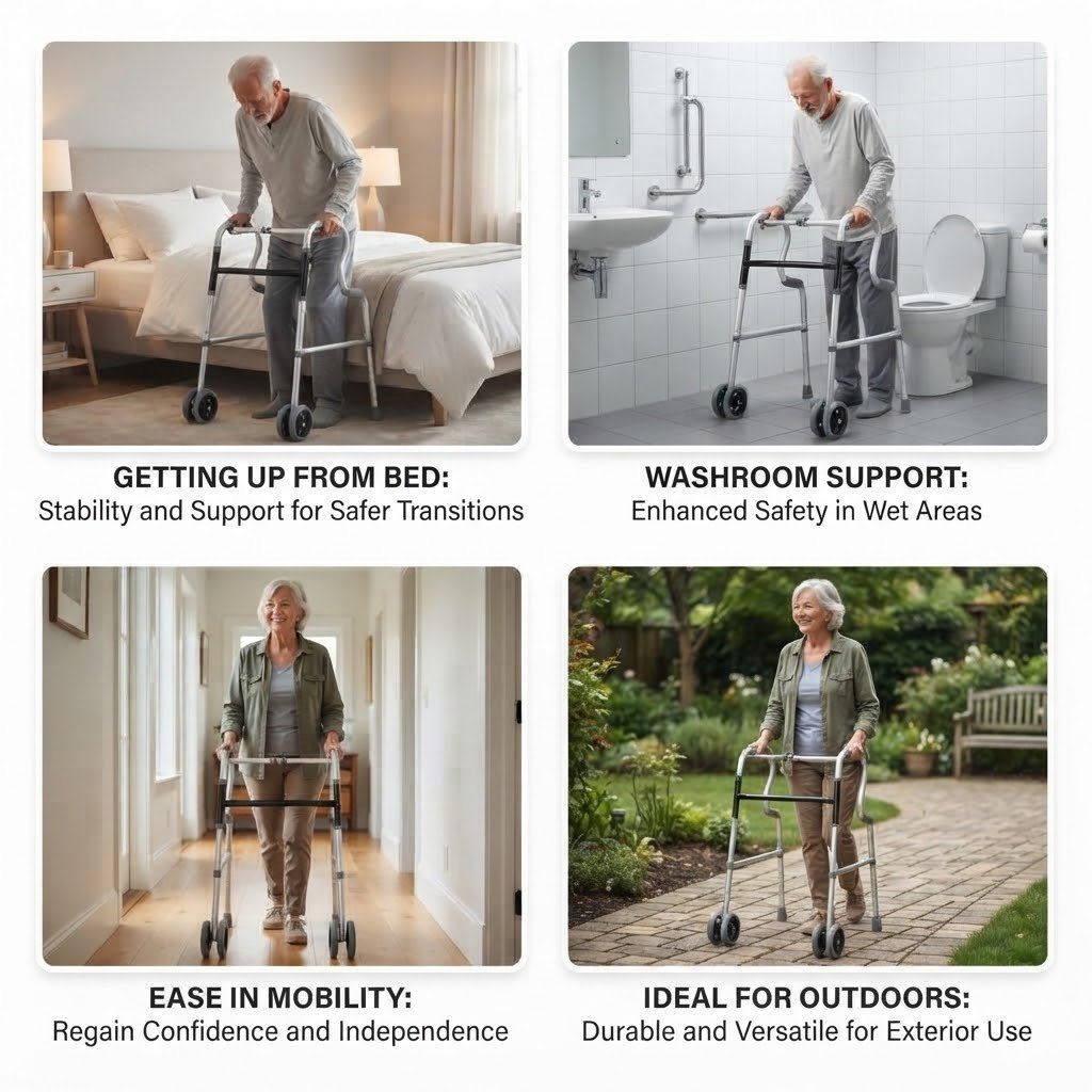 Four-panel collage demonstrating a senior adult using a folding walker for bed transfers, washroom support, indoor mobility, and outdoor walking.