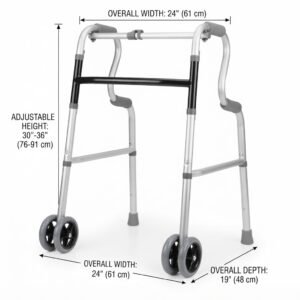 Folding mobility walker displaying adjustable height from 30 to 36 inches, 24-inch overall width, and 19-inch depth.