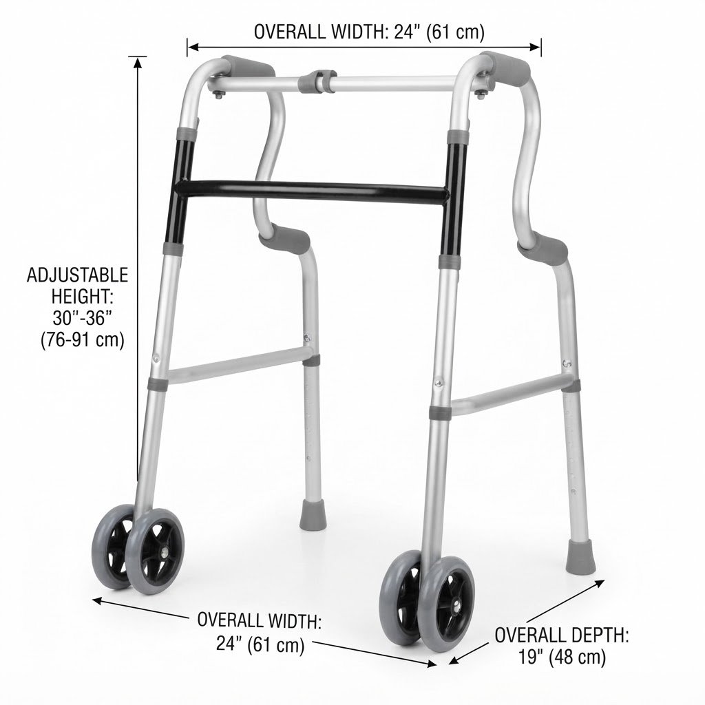 Folding mobility walker displaying adjustable height from 30 to 36 inches, 24-inch overall width, and 19-inch depth.