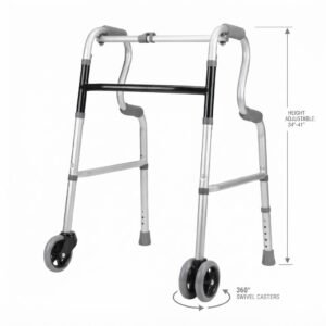 Lightweight folding medical walker featuring 360-degree swivel front casters and adjustable height legs.