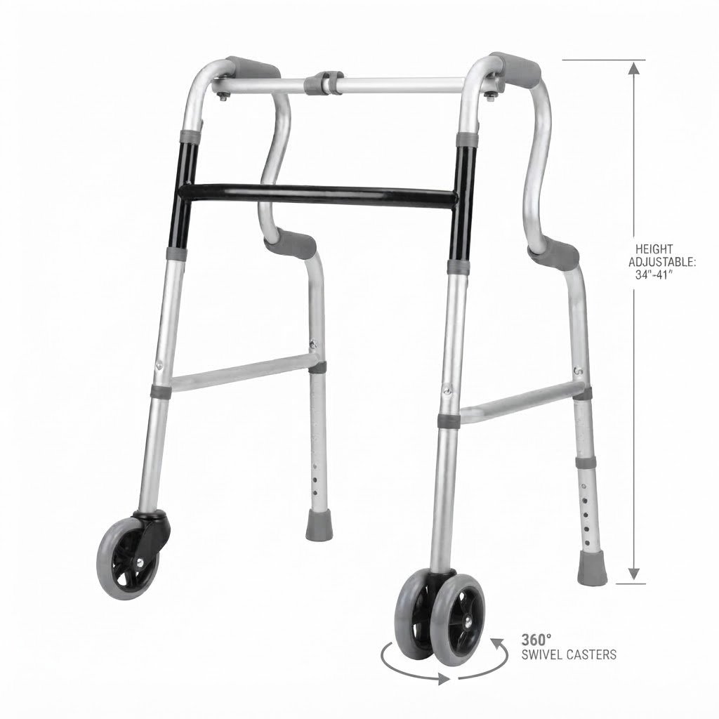 Lightweight folding medical walker featuring 360-degree swivel front casters and adjustable height legs.