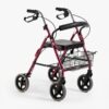Front angle view of a four-wheel medical rollator walker with padded seat - Hassani Surgicals