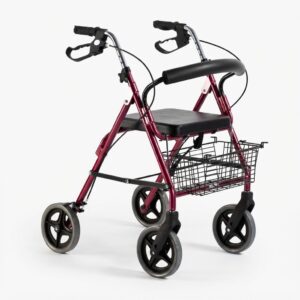 Front angle view of a four-wheel medical rollator walker with padded seat - Hassani Surgicals