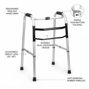 Annotated diagram highlighting the ergonomic hand grips, push-button folding mechanism, dual-crossbar design, and adjustable legs of a medical walker.