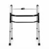 Front view of a lightweight folding aluminum adult walker with a dual crossbar frame and adjustable height legs for seniors.
