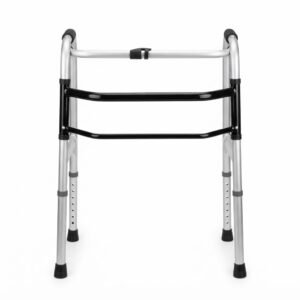Front view of a lightweight folding aluminum adult walker with a dual crossbar frame and adjustable height legs for seniors.