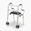 Front view of a lightweight aluminum folding medical walker featuring a black padded seat, dual front wheels, and non-slip back tips on a clean white background.