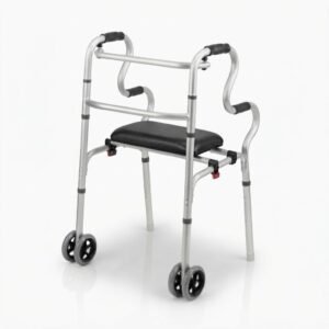 Front view of a lightweight aluminum folding medical walker featuring a black padded seat, dual front wheels, and non-slip back tips on a clean white background.