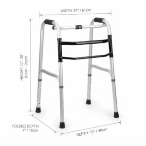 Technical drawing showing the width, height range, depth, and folded depth measurements for a standard adult folding medical walker.