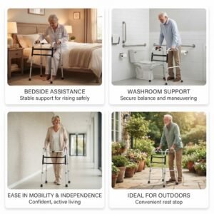 Four-panel lifestyle image showing elderly adults using a folding medical walker for bedside assistance, washroom support, indoor mobility, and outdoor walking.