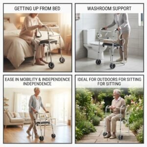 Final website display collage highlighting getting up from bed, washroom support, indoor mobility, and outdoor sitting features with a person using the walker in all scenes.
