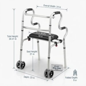 Technical dimension specifications overlay on a medical walker showing total height, seat width, seat height, depth, and overall width.