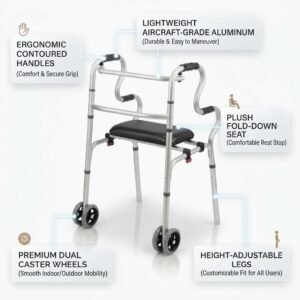 Highlight callouts showing ergonomic contoured handles, aircraft-grade aluminum frame, plush fold-down seat, and height-adjustable legs.