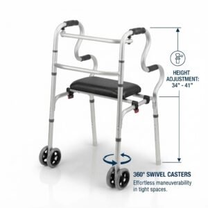 Casters Walker Detailed view highlighting 34 to 41-inch height adjustment and 360-degree swivel caster wheels for effortless maneuverability.