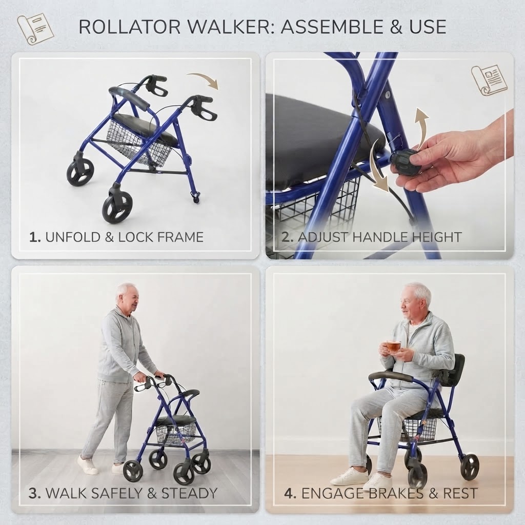 Step-by-step assembly and usage guide for a blue medical rollator walker - Hassani Surgicals
