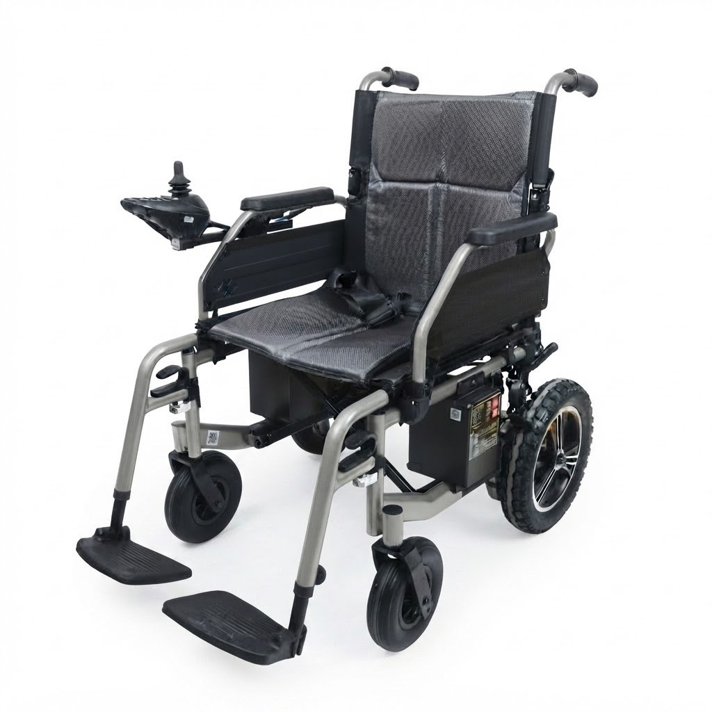 A detailed product shot of a foldable electric wheelchair with a grey frame and joystick.