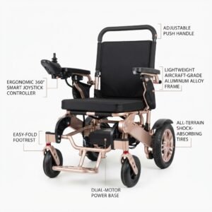 Overview diagram of the lightweight motorized wheelchair highlighting the adjustable push handle, lightweight aircraft-grade aluminum alloy frame, all-terrain shock-absorbing tires, dual-motor power base, easy-fold footrest, and ergonomic 360-degree smart joystick controller.