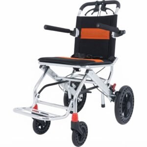 Front angle studio view of a lightweight folding travel transport wheelchair featuring a silver aluminum frame, black and orange mesh upholstery, and solid wheels.