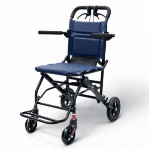 Front view of blue lightweight wheelchair for old age and medical patients with safety footrest