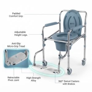 Close-up callout diagram detailing swivel casters with brakes, anti-slip footrest treads, and high-strength alloy frame of a mobile commode.