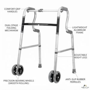 Labeled diagram highlighting folding walker features including comfort-grip handles, dual-stage folding mechanism, aluminum frame, and smooth-rolling wheels.