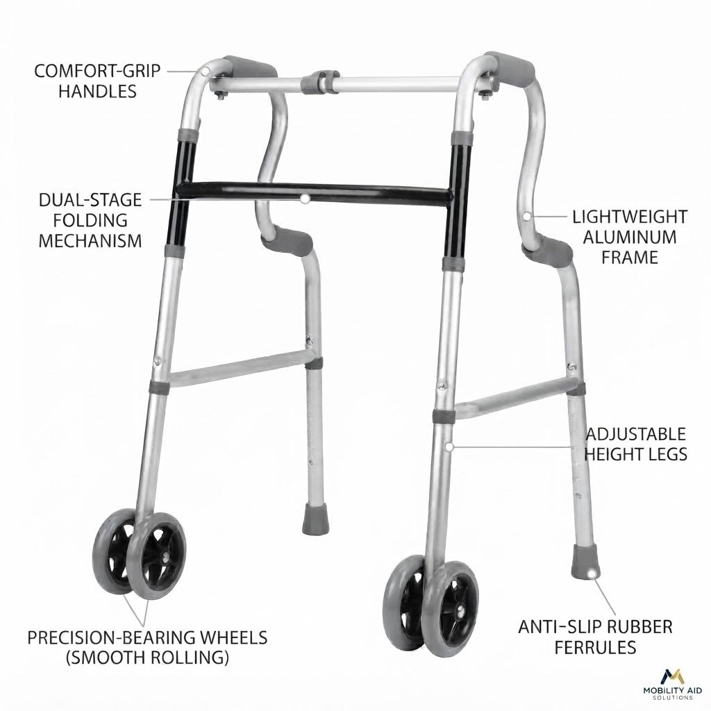Labeled diagram highlighting folding walker features including comfort-grip handles, dual-stage folding mechanism, aluminum frame, and smooth-rolling wheels.