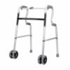 Standard dual-wheel folding walker with gray comfort grips and aluminum frame on a neutral background.