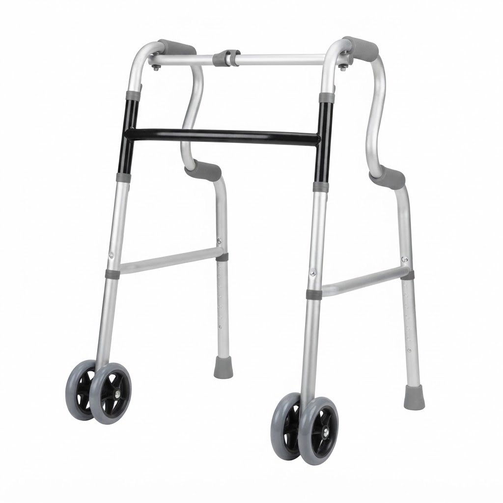 Standard dual-wheel folding walker with gray comfort grips and aluminum frame on a neutral background.