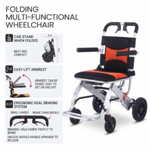 Multi-functional folding wheelchair demonstrating compact standing fold capability, easy-lift raiseable armrests, and ergonomic dual braking system with handle lock and release buckle.