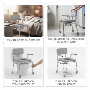 Multi-use guide showing a padded commode chair used by a bedside, for washroom transport, over a standard toilet, and over an Indian squat toilet.