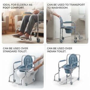 Grid showing multi-use applications of a mobile commode chair for foot comfort, room transport, over standard toilet, and over Indian toilet.