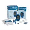 Complete On Call EZ II blood glucose monitoring system display showing the retail box, user manuals, meter, test strips, lancing device, and accessories.