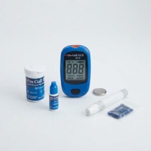 Basic starter set for the On Call EZ II blood glucose meter, showing the meter, test strip vial, control solution, and lancets.