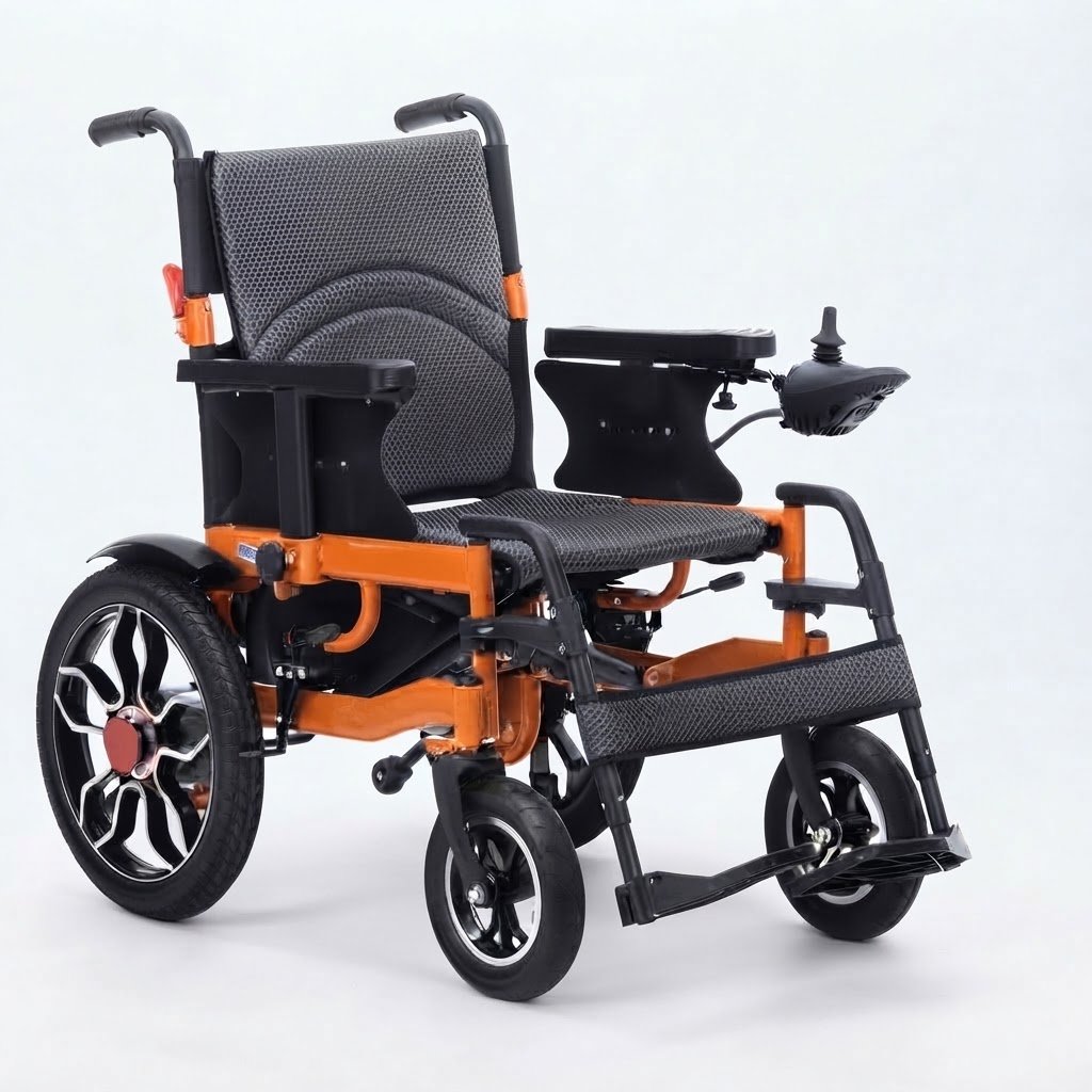 A detailed product shot of a foldable orange and grey electric wheelchair with a joystick controller.
