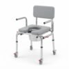 Studio product view of a medical mobile commode chair with a grey padded seat, backrest, and 360-degree locking caster wheels.