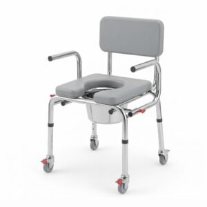 Studio product view of a medical mobile commode chair with a grey padded seat, backrest, and 360-degree locking caster wheels.