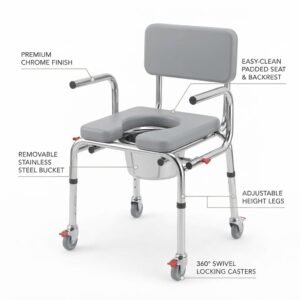 Detailed callout diagram of a padded wheeled commode chair featuring a chrome finish, removable stainless steel bucket, adjustable legs, and locking casters.