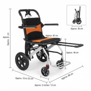 Dimensional diagram of portable folding wheelchair showing measurements for seat width, overall height, depth, wheel sizing, and compact folded footprint.