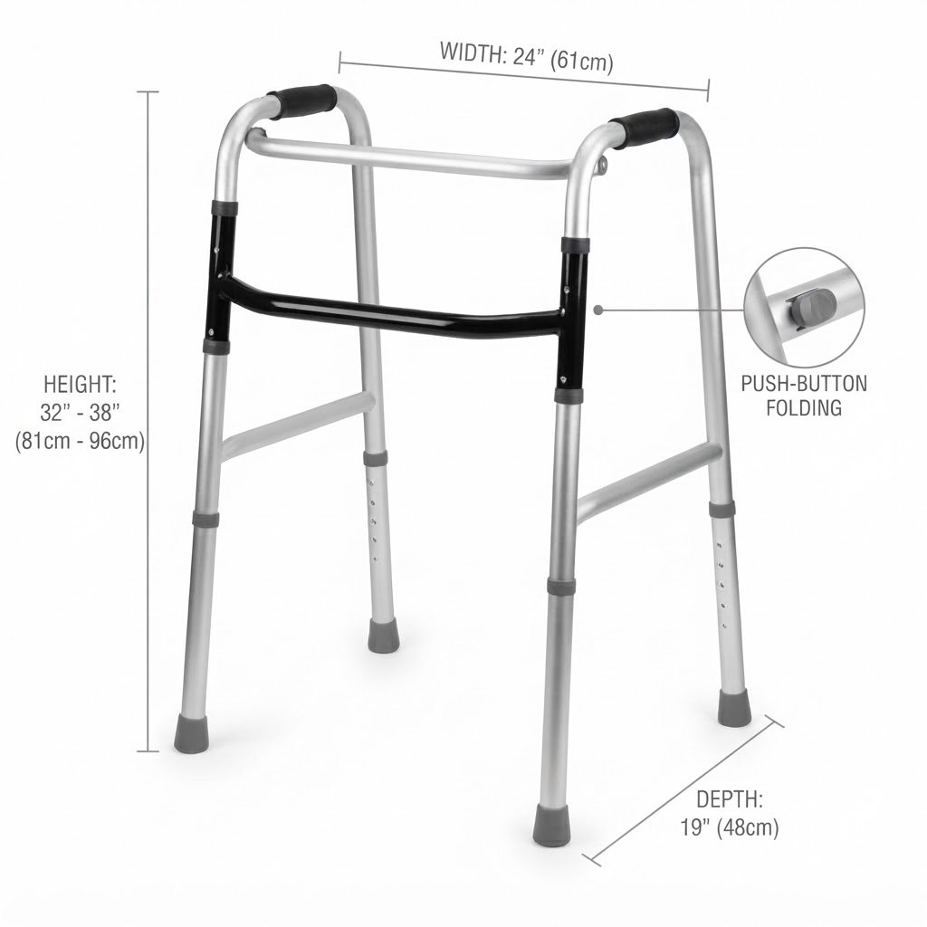 Technical diagram displaying the walker's physical measurements: overall width (24" / 61cm), adjustable height (32"–38" / 81cm–96cm), depth (19" / 48cm), and push-button folding mechanism callout.