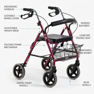Labeled product features of a rollator walker including ergonomic handles and lockable brakes - Hassani Surgicals