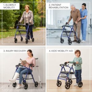 Use cases for blue rollator walker showing elderly mobility and patient rehabilitation - Hassani Surgicals