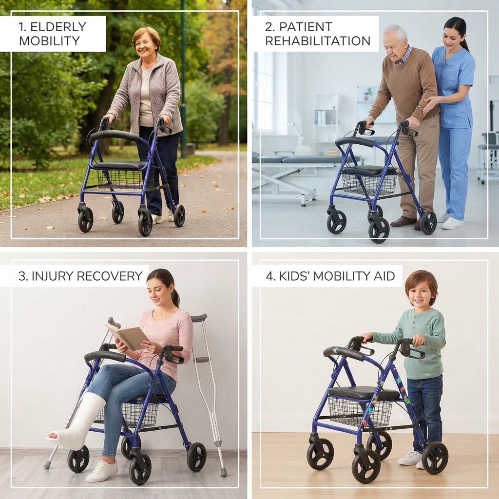Use cases for blue rollator walker showing elderly mobility and patient rehabilitation - Hassani Surgicals