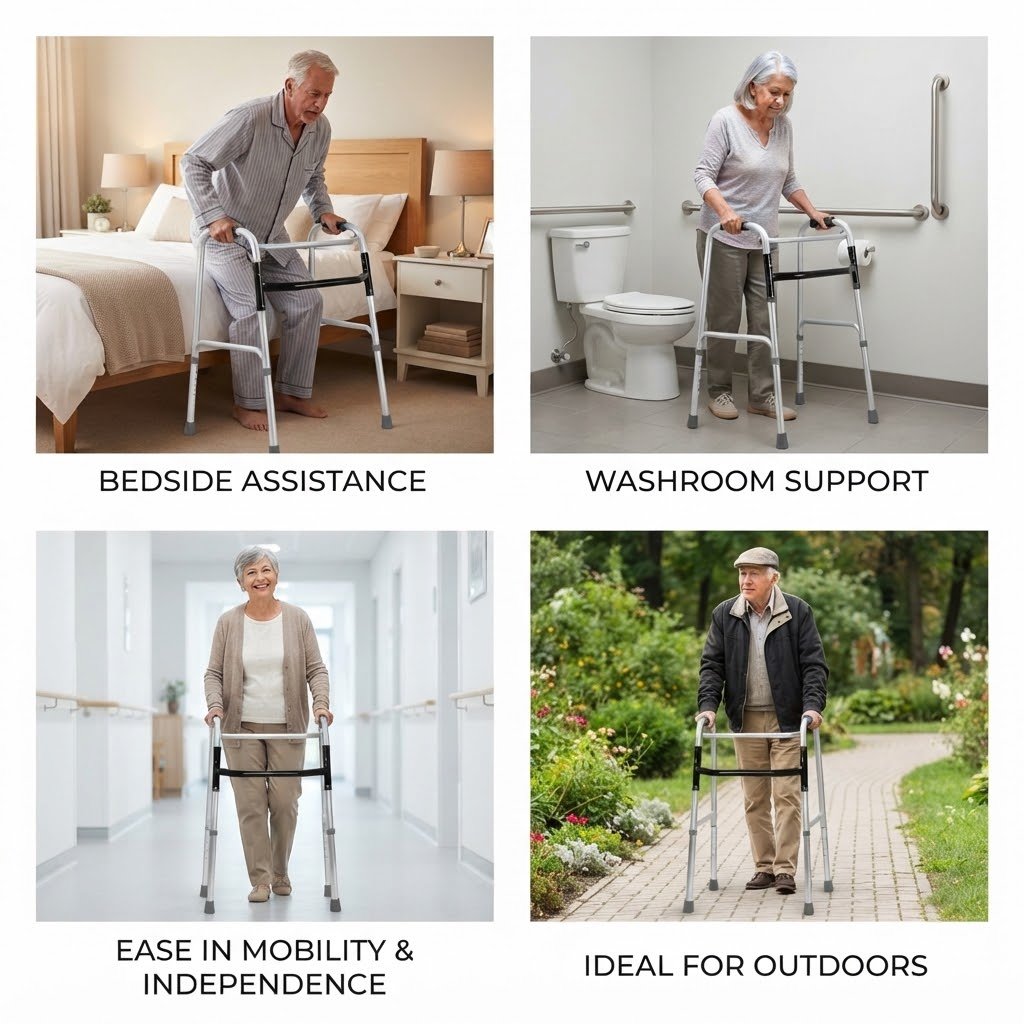 A four-panel lifestyle grid showing seniors using the medical walker for bedside rising assistance, washroom support, indoor mobility, and outdoor walking on garden pathways.