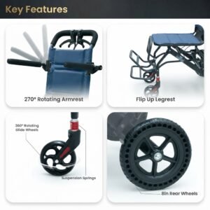 Close-up of 270-degree rotating armrest, 360-degree glide wheels, and suspension springs on transport wheelchair