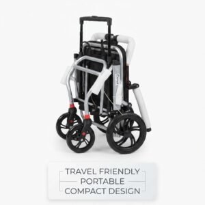 Travel-friendly portable compact wheelchair shown fully folded with pull-along trolley handle for easy transit and storage.