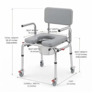 Dimensional specification diagram for a medical commode chair outlining seat width, depth, adjustable height, and overall footprint.