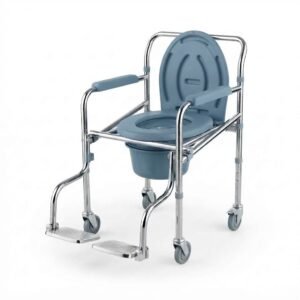Front angle view of a wheeled medical commode chair with footrests and locking casters for patient transport.
