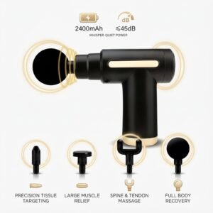 Black electric massage gun highlighting 2400mAh battery, quiet motor under 45dB, and four specialized attachment heads for full body muscle recovery.
