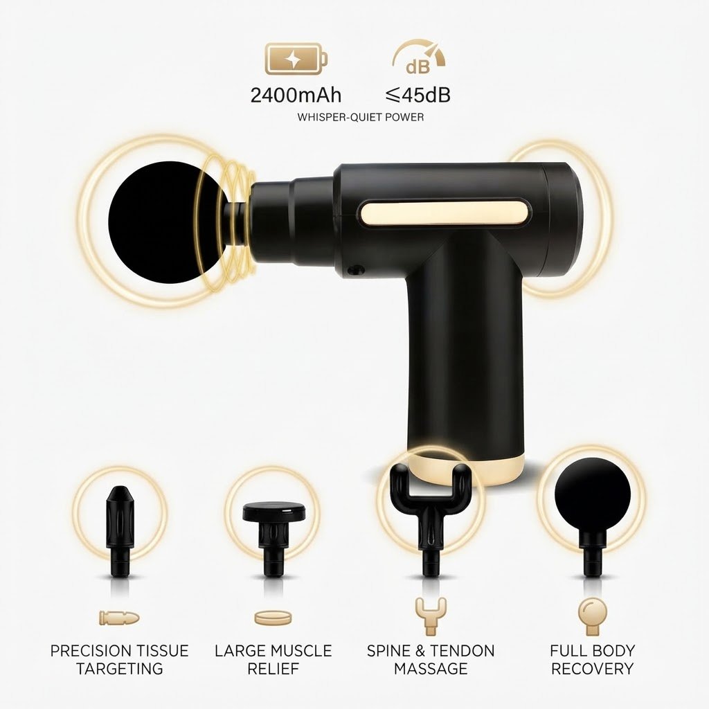 Black electric massage gun highlighting 2400mAh battery, quiet motor under 45dB, and four specialized attachment heads for full body muscle recovery.